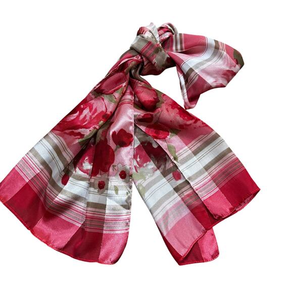 Pink plaid silky scarf gold metallic thread burnout stripes flowers sage & cream - Picture 7 of 8